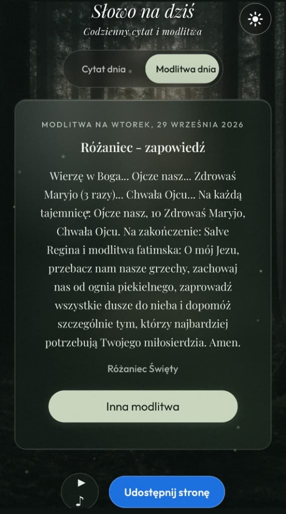 Mobile - modlitwa dnia, kontrolka muzyki i udostępniania