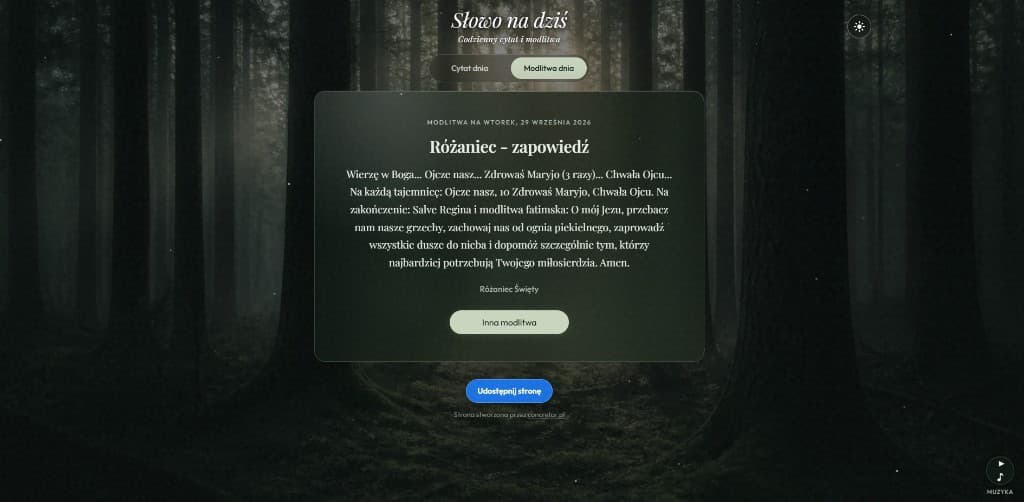 Desktop - modlitwa dnia, treść różańca i przycisk muzyki