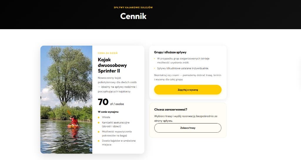Sekcja Cennik - ceny kajaków i informacje o grupach